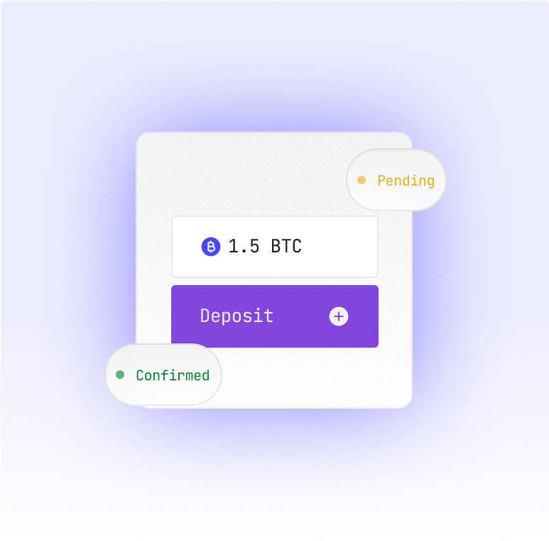 Mobile deposit interface showing 1.5 BTC deposit with pending and confirmed status indicators
