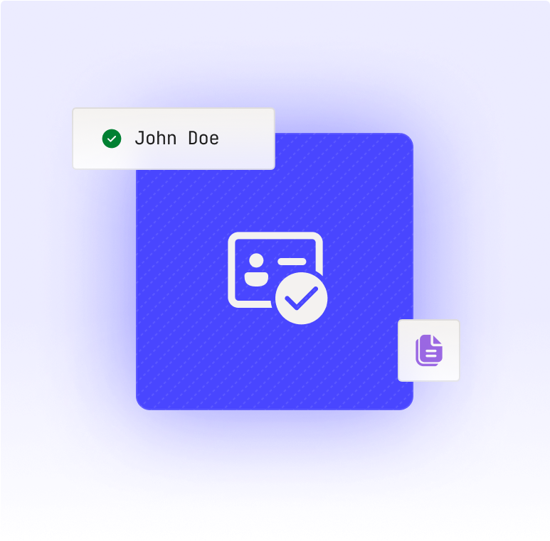 KYC verification interface showing John Doe verification status with ID card and checkmark confirmation